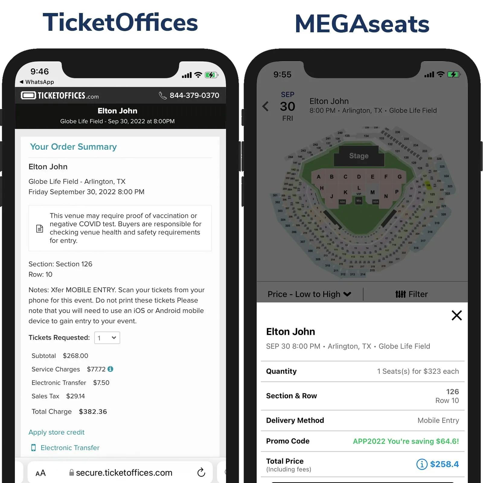 Screenshot of Ticketmaster price vs MegaSeats Price on Checkout Page